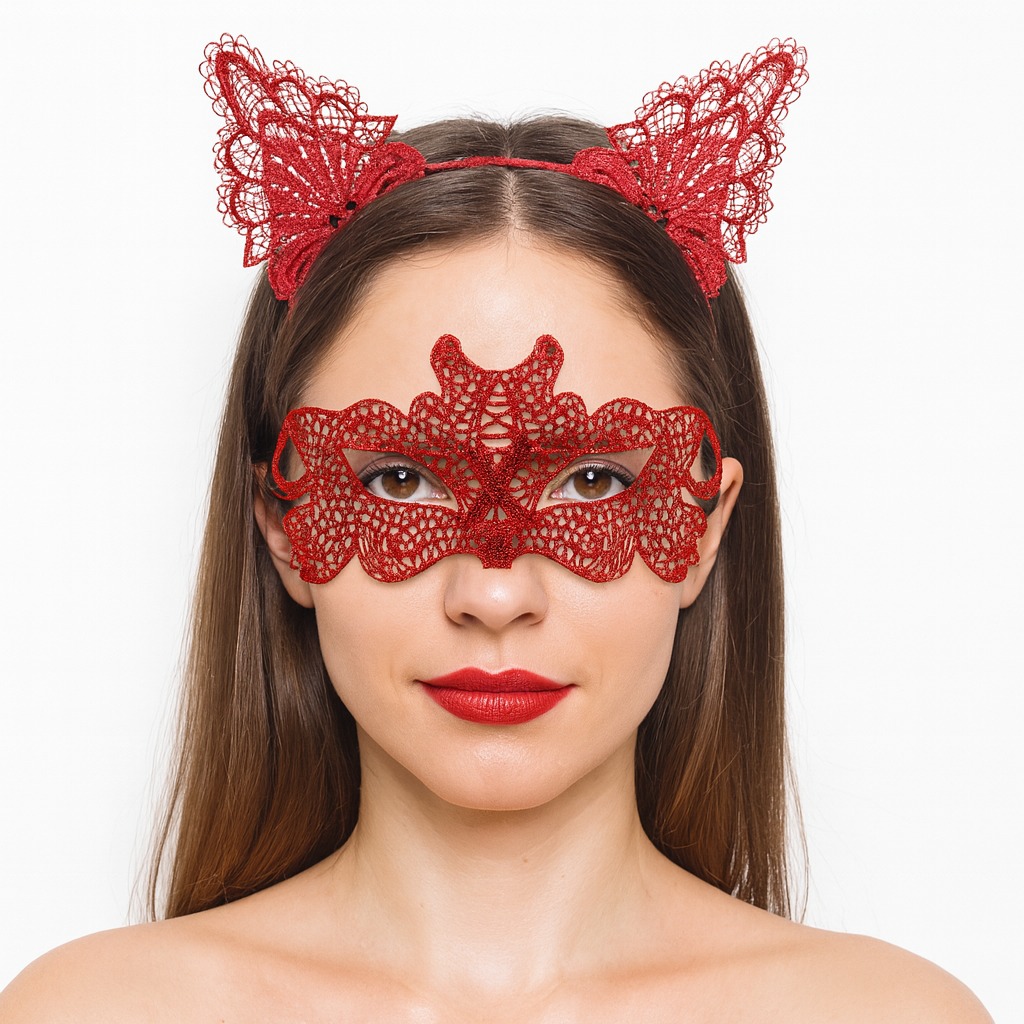 Ateş Kırmızısı Dantel Taç ve Maske Seti 10 No - Maskeli Balo & Özel Gün Seti fotoğrafı – ates, kirmizisi, dantel, tac
