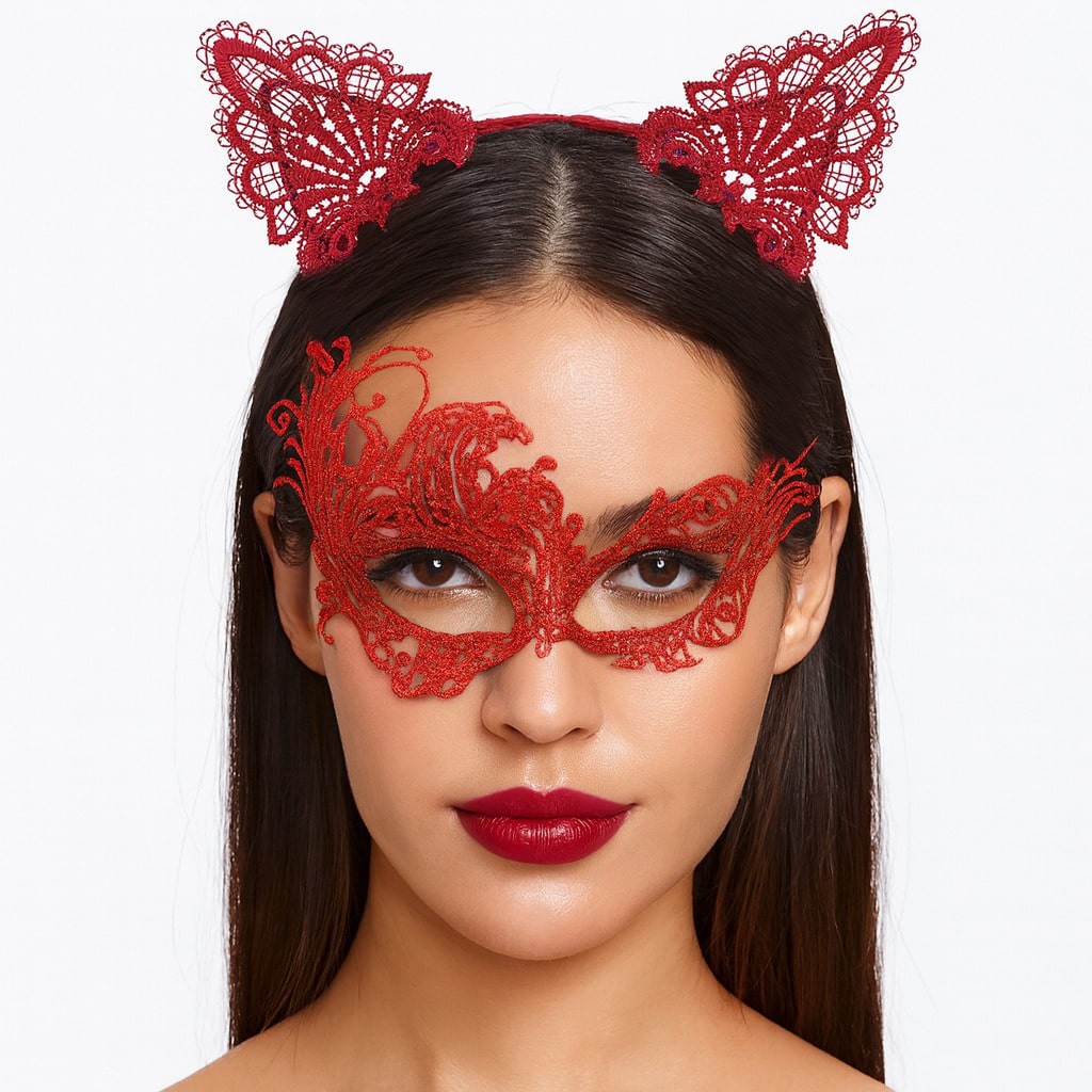 Gizemli Kırmızı Dantel Maske ve Taç Seti 1 No - Kostüm Seti fotoğrafı – gizemli, kirmizi, dantel, maske