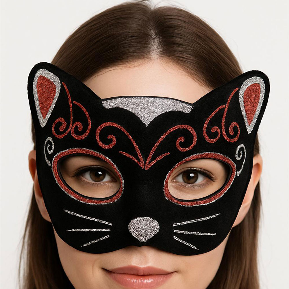 Kadife Dokulu Sim Detaylı Işıltılı Kedi Maskesi Kırmızı Gümüş 20x13 cm fotoğrafı – kadife, dokulu, sim, detayli