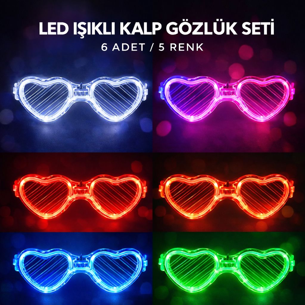 LED Işıklı Kalp Glow Pilli Parti Gözlüğü – 6 Adet / 5 Renk Set fotoğrafı – led, isikli, kalp, glow