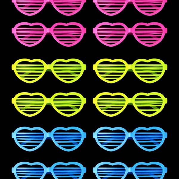 Retro Neon Fosforlu Kalp Panjur Gözlük 12 Adet – 80’ler 90’lar Parti Stili fotoğrafı – retro, neon, fosforlu, kalp