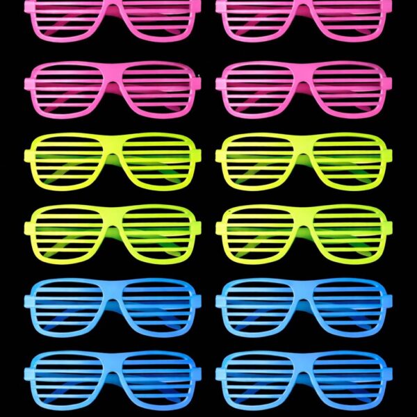 Retro Neon Fosforlu Panjur Gözlük 12 Adet – 80’ler 90’lar Parti Stili fotoğrafı – retro, neon, fosforlu, panjur